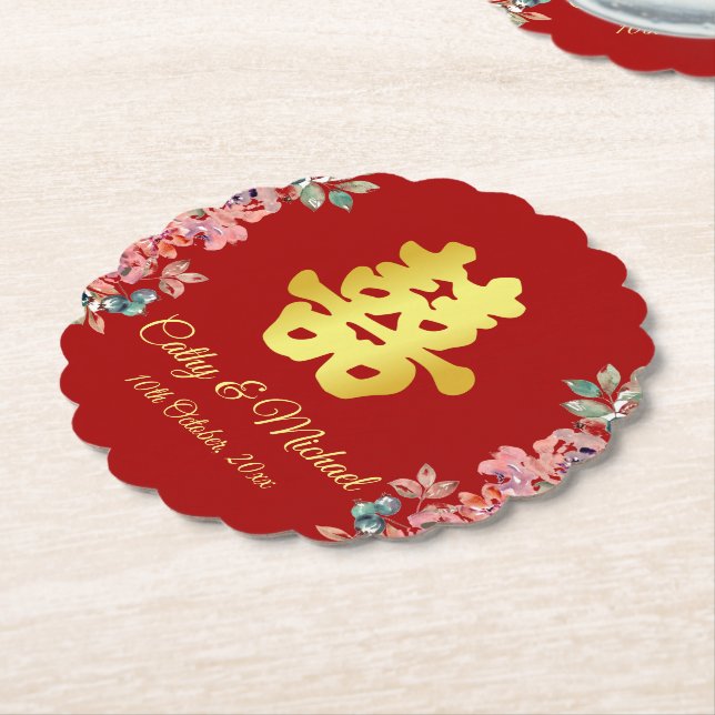 Red Chinese wedding double happiness floral Paper Coaster (Angled)
