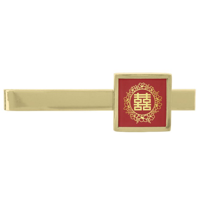 Red Chinese wedding double happiness floral wreath Gold Finish Tie Bar (Front)