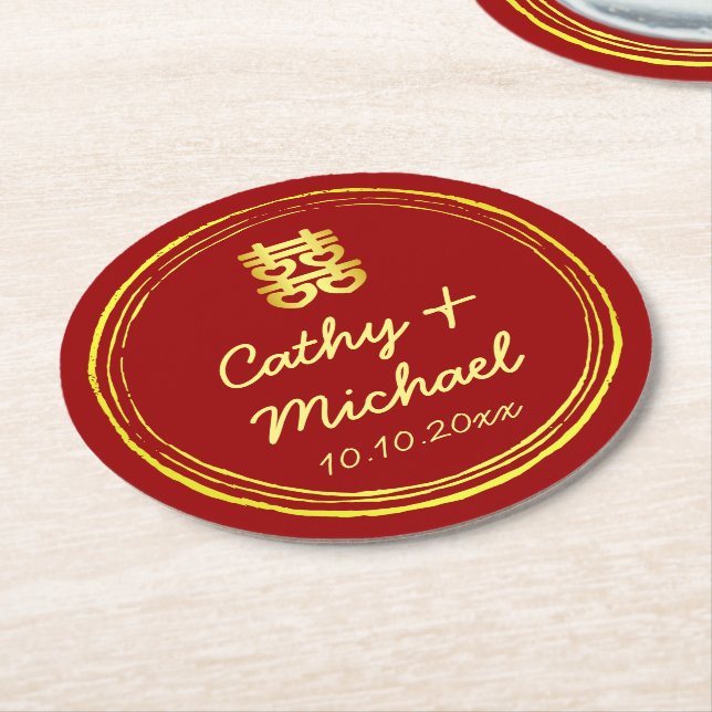 Red Chinese wedding double happiness stamp logo Round Paper Coaster (Angled)