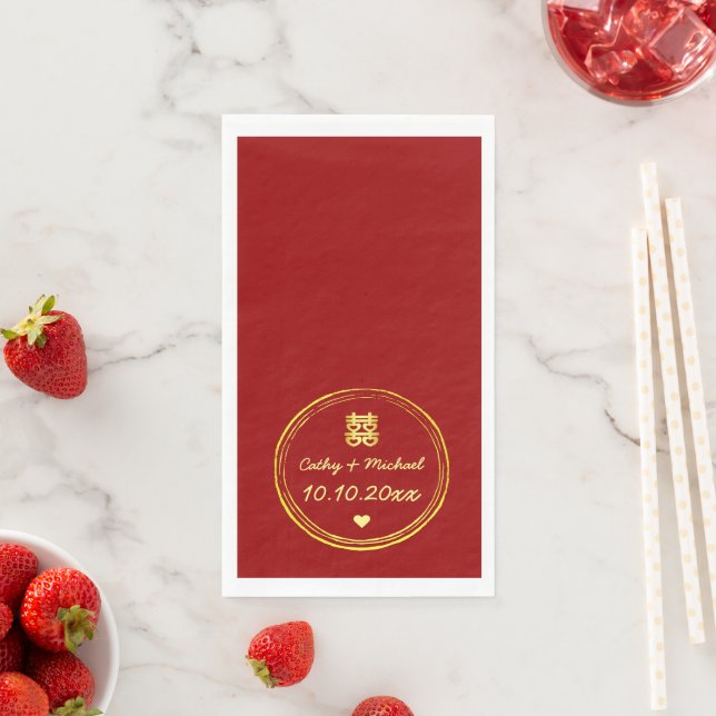 Red chinese wedding double happiness stamp paper guest towels (Insitu)