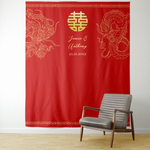 Red Chinese wedding dragon and phoenix backdrop