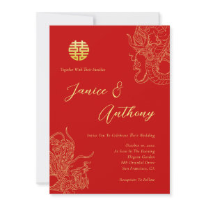 Red Chinese wedding dragon and phoenix Invitation