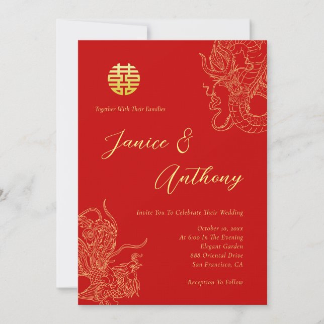 Red Chinese wedding dragon and phoenix Invitation (Front)