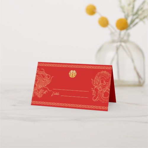 Red Chinese wedding dragon phoenix banquet Place Card