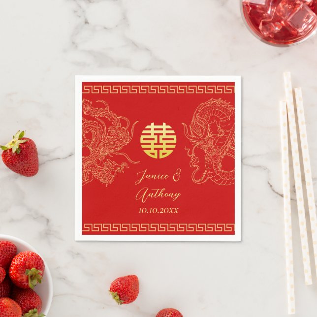 Red Chinese wedding dragon phoenix reception Napkins (Insitu)