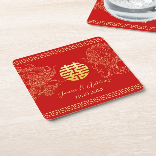 Red Chinese wedding dragon phoenix reception Square Paper Coaster (Angled)