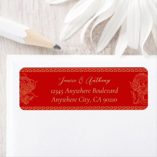 Red Chinese wedding dragon phoenix return address Label (Insitu)