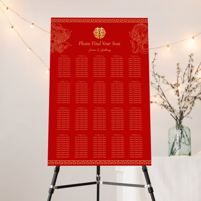 Red Chinese wedding dragon phoenix seating chart Foam Board (In Situ (Stand))