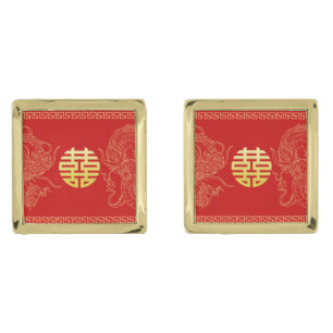 Red Chinese wedding dragon phoenix tea ceremony Cufflinks