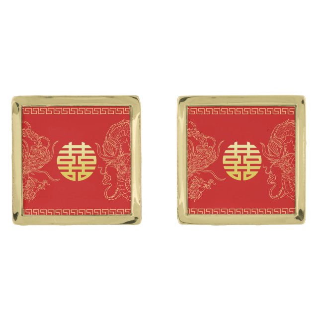 Red Chinese wedding dragon phoenix tea ceremony Cufflinks (Front)