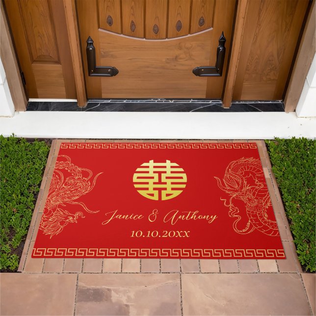 Red Chinese wedding dragon phoenix tea ceremony Doormat (Outdoor)