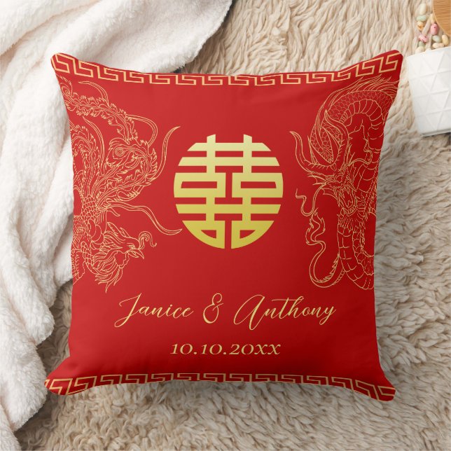 Red Chinese wedding dragon phoenix tea ceremony Throw Pillow (Blanket)