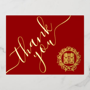 Red Chinese wedding floral wreath thank you card
