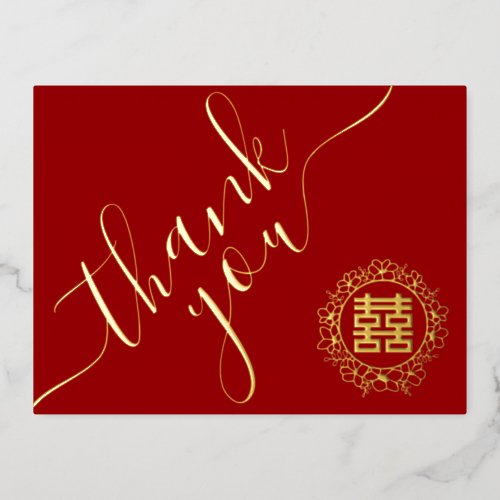 Red Chinese wedding floral wreath thank you card