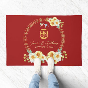 Red Chinese wedding frame yellow floral bird Doormat