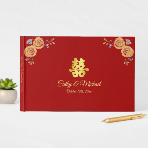 Red Chinese wedding orange floral tea ceremony Guest Book