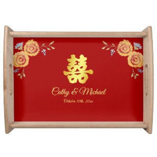 Red Chinese wedding orange floral tea ceremony Serving Tray