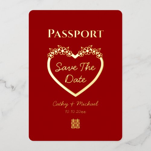 Red chinese wedding passport save the date foil invitation