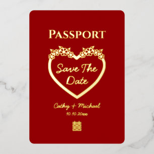 Red chinese wedding passport save the date foil invitation