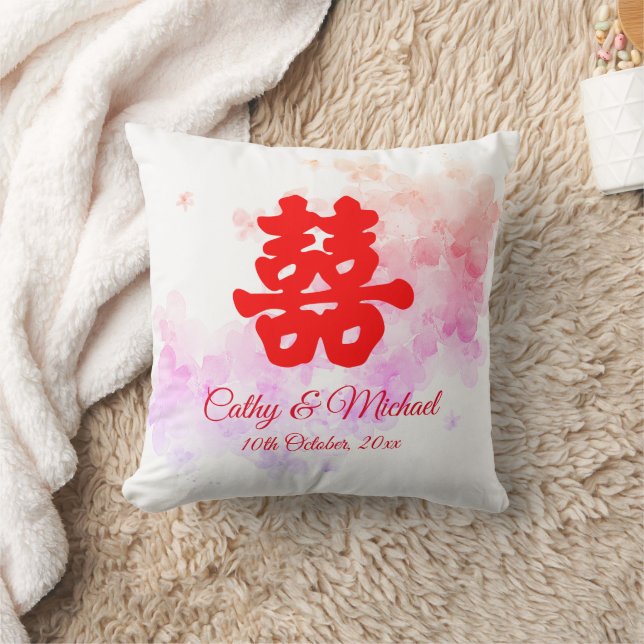 Red Chinese wedding romantic cherry blossom Throw Pillow (Blanket)