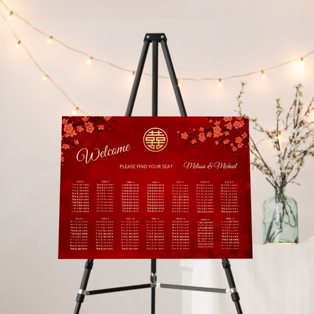 Red Chinese Wedding Seating Chart Foam Board (In Situ (Stand))