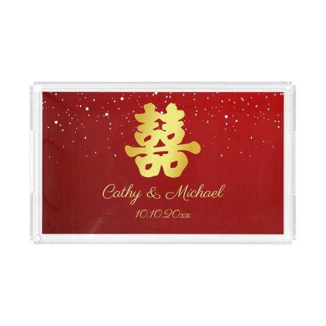 Red Chinese wedding snowflake double happiness Acrylic Tray (Front)