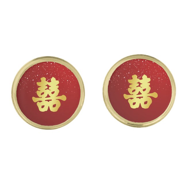 Red Chinese wedding snowflake double happiness Cufflinks (Front)