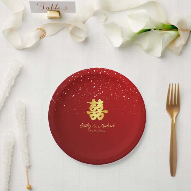 Red Chinese wedding snowflake double happiness Pap Paper Plates (Wedding)