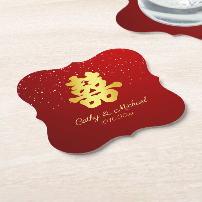 Red Chinese wedding snowflake double happiness Rou Paper Coaster (Angled)