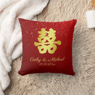 Red Chinese wedding snowflake double happiness Throw Pillow