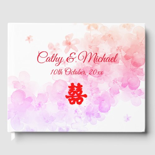 Red Chinese wedding watercolor cherry blossom Guest Book