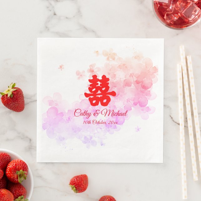 Red Chinese wedding watercolor cherry blossom Paper Dinner Napkins (Insitu)