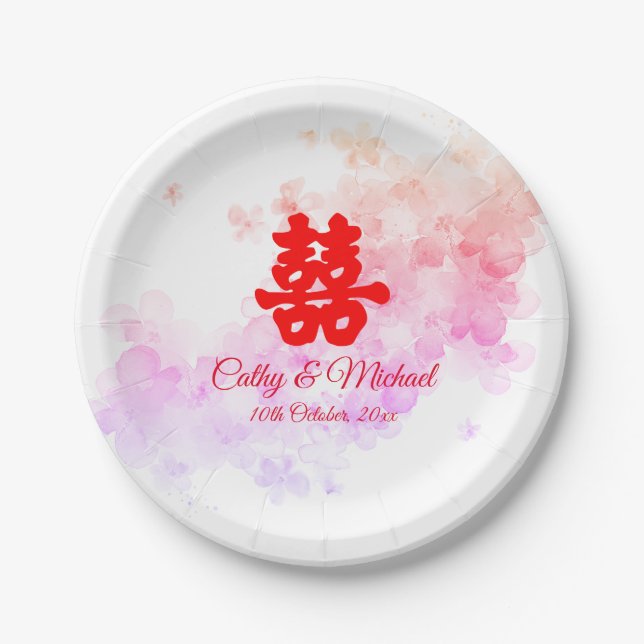 Red Chinese wedding watercolor cherry blossom Paper Plates (Front)