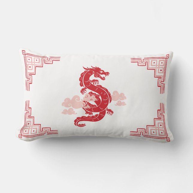 Red Chinoiserie Dragon and Clouds Lumbar Pillow (Front)