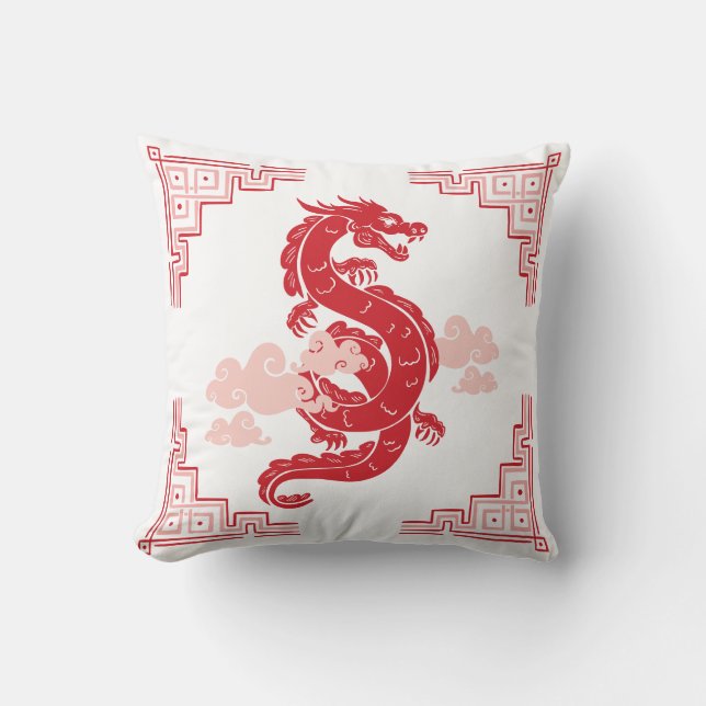 Red Chinoiserie Dragon and Clouds Throw Pillow (Front)