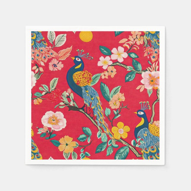 Red Chinoiserie Floral with Peacocks Napkins (Front)
