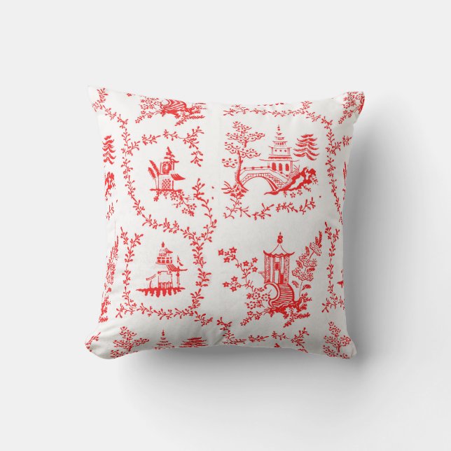 Red Chinoiserie Pagoda Throw Pillow (Front)