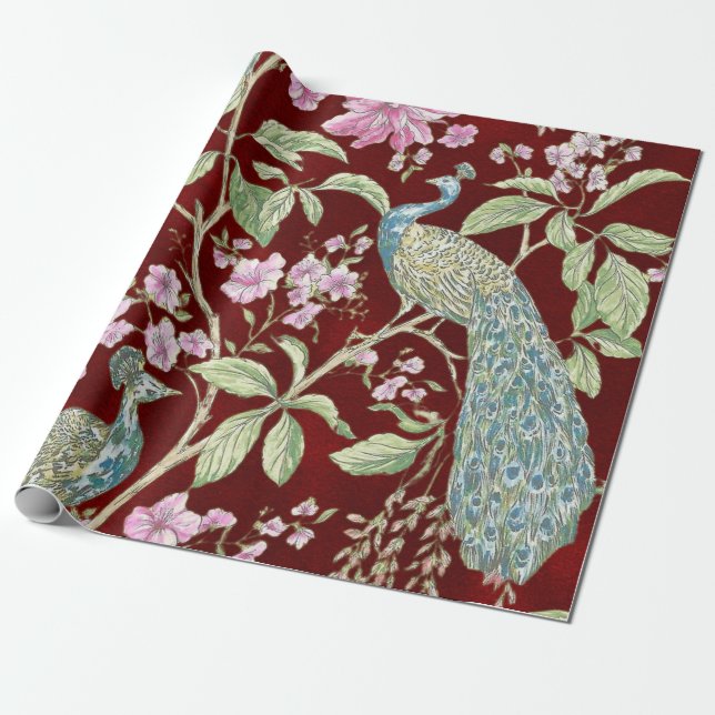 Red Chinoiserie peacock floral elegant decoupage Wrapping Paper (Unrolled)