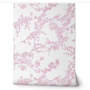 Red Chinoiserie Toile de Jouy Birds Floral Garden Wallpaper