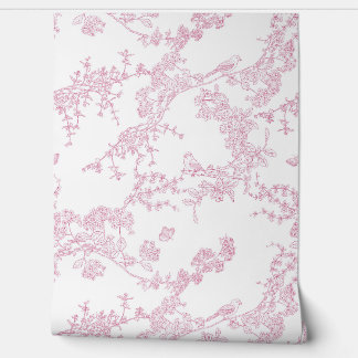 Red Chinoiserie Toile de Jouy Birds Floral Garden Wallpaper