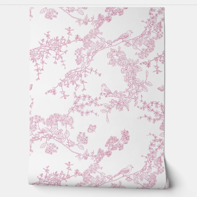 Red Chinoiserie Toile de Jouy Birds Floral Garden Wallpaper (Unrolling)