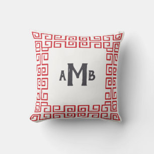 Red Chinoiserie Wide Greek Key Border Monogram Throw Pillow