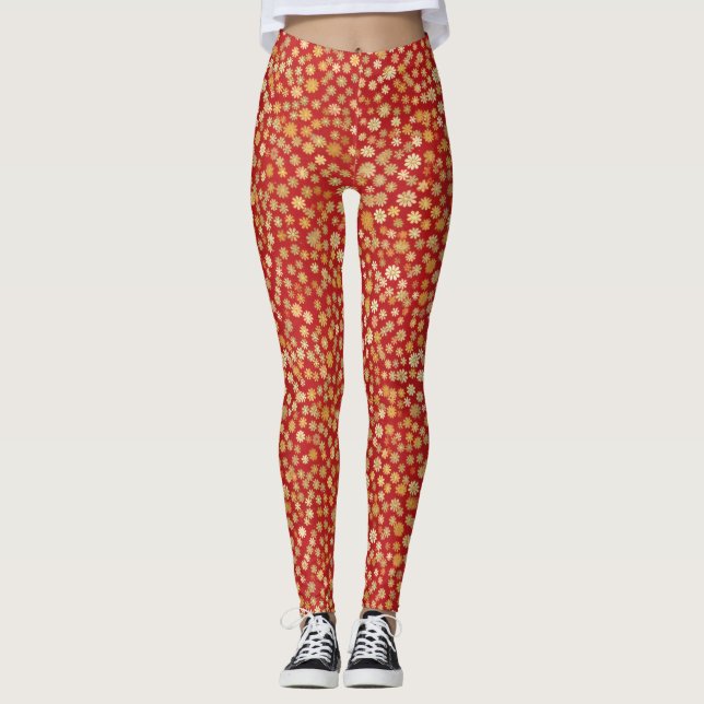 Red Chiyogami Floral Pattern Leggings (Front)