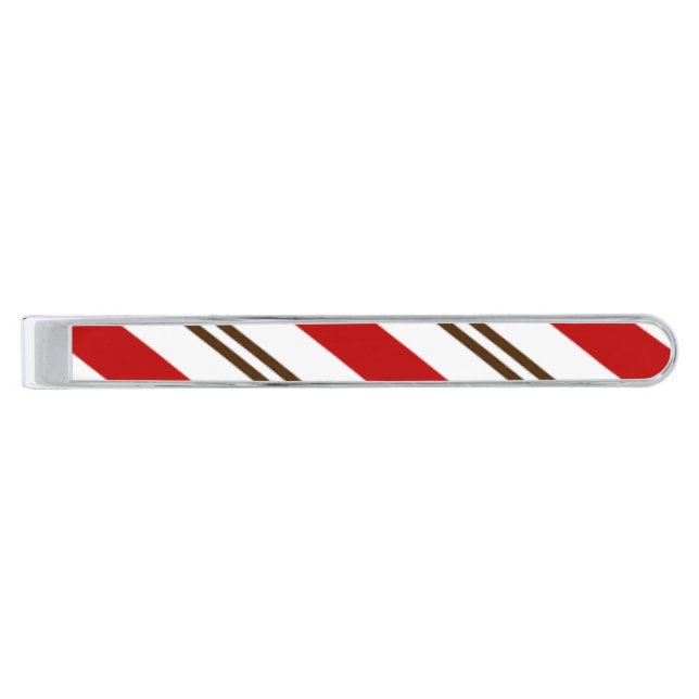  Red & Chocolate Brown Candy Cane Christmas Silver Finish Tie Bar (Front)