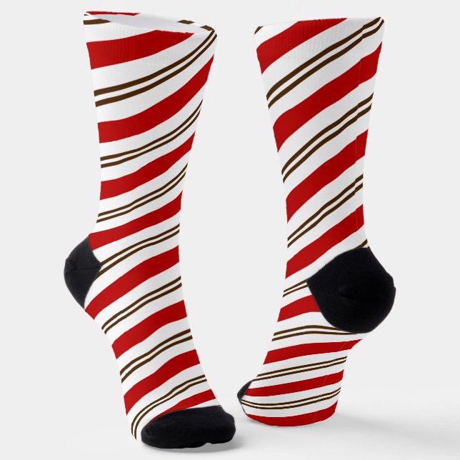 Red & Chocolate Brown Candy Cane Stripes Christmas Socks (Angled)
