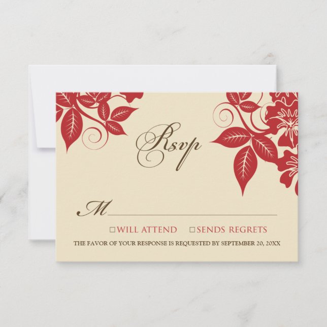 Red/Chocolate Modern Floral RSVP Card (Front)