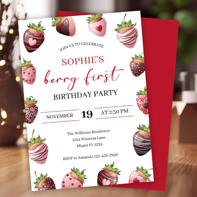 Red Chocolate Strawberry 1st Berry First Birthday Invitation | Zazzle
