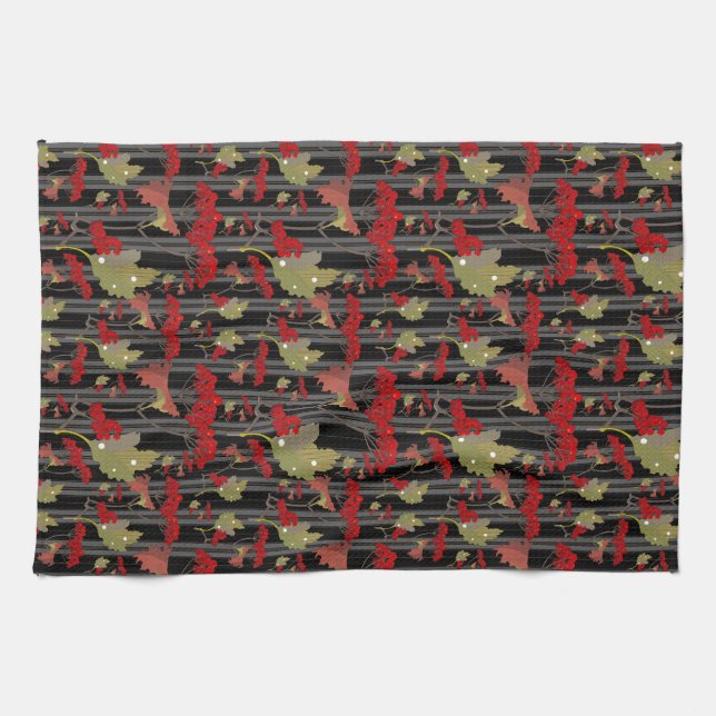 Red Chokeberry Botanical Berries Stripes Kitchen Towel (Horizontal)