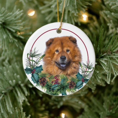 Red Chow Chow Dog Evergreen Berry Wreath Ceramic Ornament