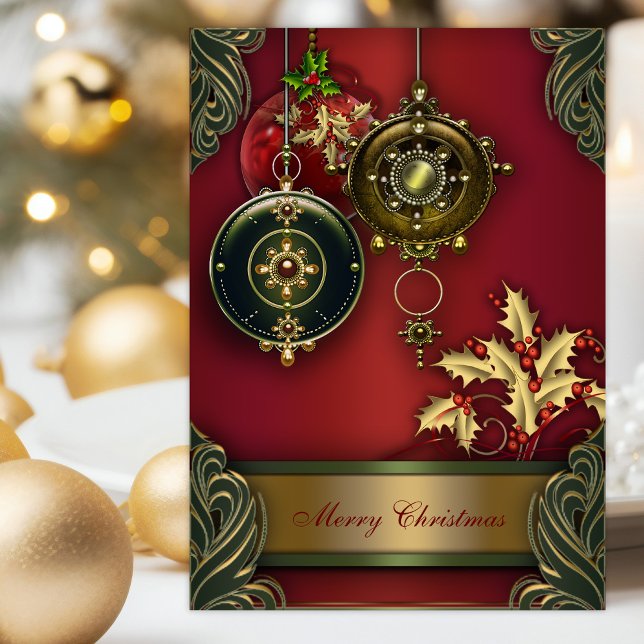 Red Christian Christmas Cards (Christian Christmas card with beautiful ornaments, holly, and scripture verses.)